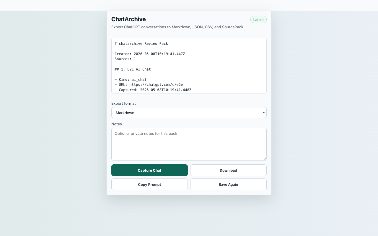 ChatArchive popup screenshot showing the shipped extension UI